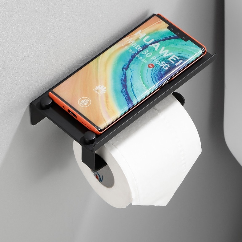 Porta carta igienica nero da parete spazio porta carta igienica in  alluminio con mensola per telefono porta rotolo nero del 2024 a US $13.19