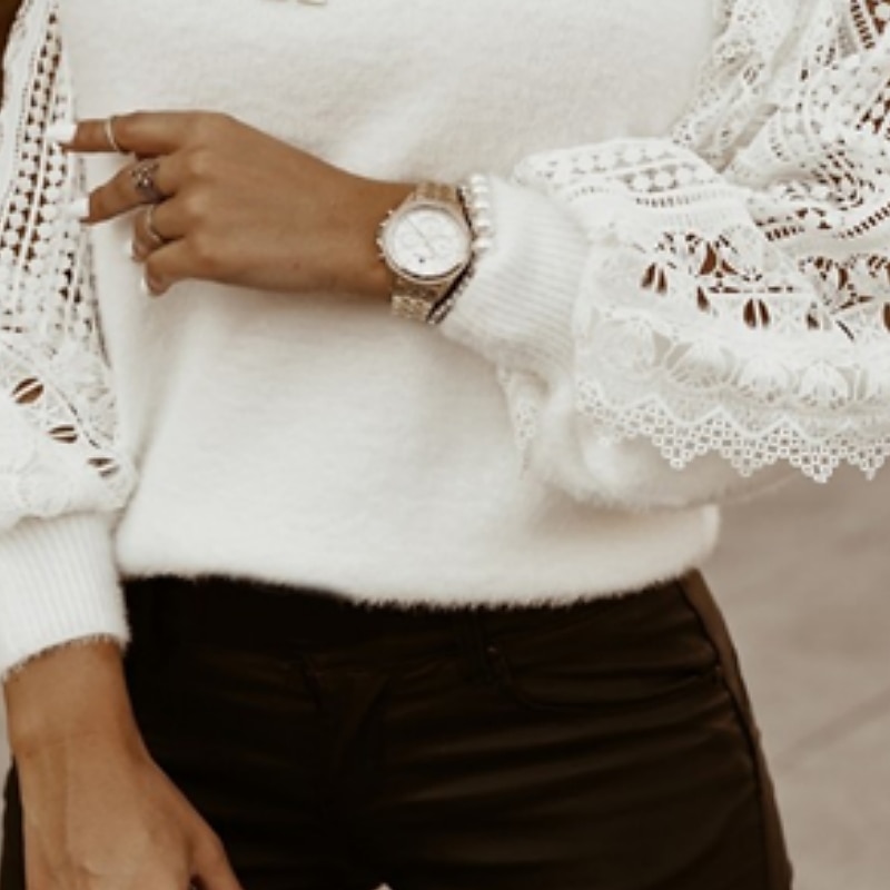 Dame Pullover genser Fritid Helfarge Blomstret Heklet Crew-hals Blonder Langermet Avklipt Strikke Daglig Ferie Hvit Høst Vinter 2025 - $52.79 –P2