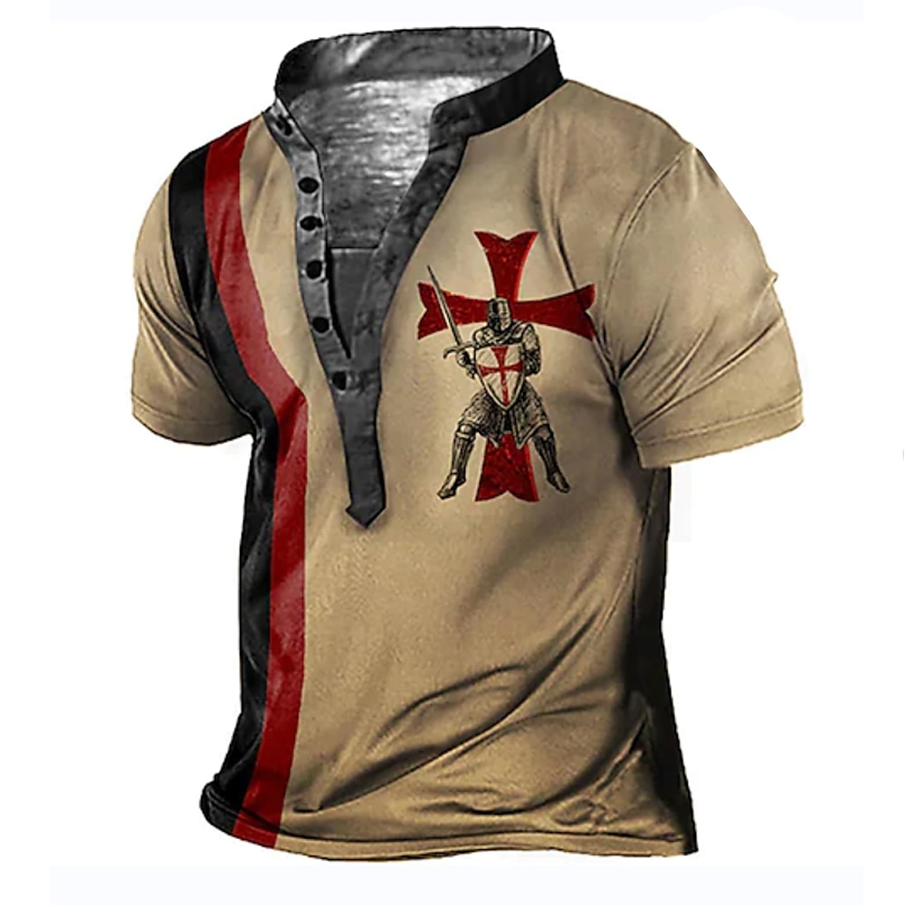 Herr Grafisk Templarkorset Tempelriddare T-shirt Henleytröja T-shirts Kortärmad 3D-tryck Designer Grundläggande Ledigt Utomhus Dagligen Sport Sommar Vit Blå Brun Grön Kaffe Hög krage Henley T-shirt 2025 - $20.99 –P5