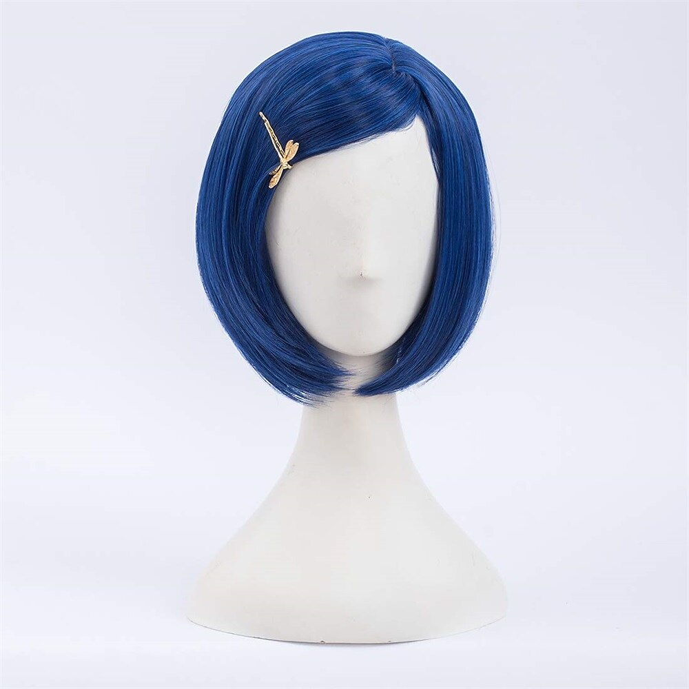 Morticia curto liso azul feminino bob peruca infantil com grampo de cabelo libélula de ouro de 2025 por $32.99 –P6