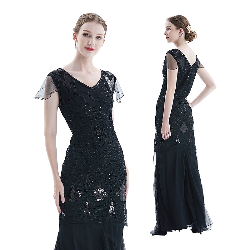 Rugido 20s 1920s Maxi Hasta el Tobillo Vestidos Vestido de noche Vestido de fiesta de graduación Normal Mangas cortas El gran Gatsby charlestón Invitado a la boda Lentejuelas Geométrico Corte 2026 - $56.99 –P19