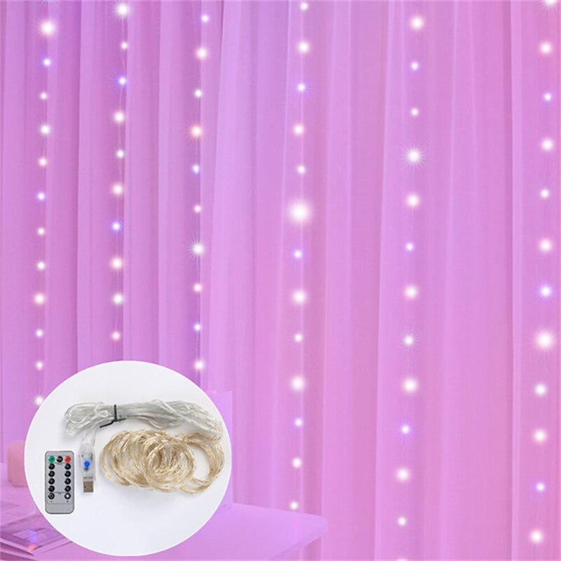 led gardinlys 3x3m-300 led 8 moduser usb med fjernkontroll 9 farger for hjemmerom soverom bryllupsfest jul vindu veggdekorasjoner rominnredning 2025 - $24.99 –P17