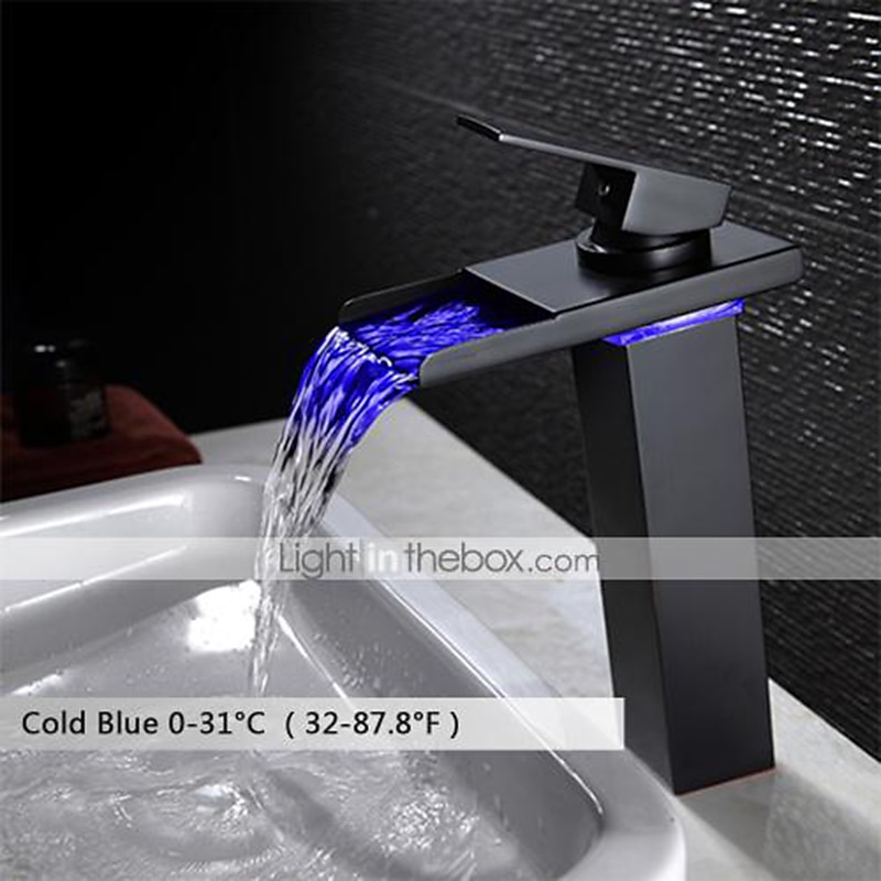 Bathroom Vessel Faucet Tall LED Waterfall Spout 3 Color Changes with Temperature, Sink Mixer Mono Basin Taps, Single Handle One Hole Brass Washroom Vessel Tap Deck Mounted 2025 - $145.99 –P1
