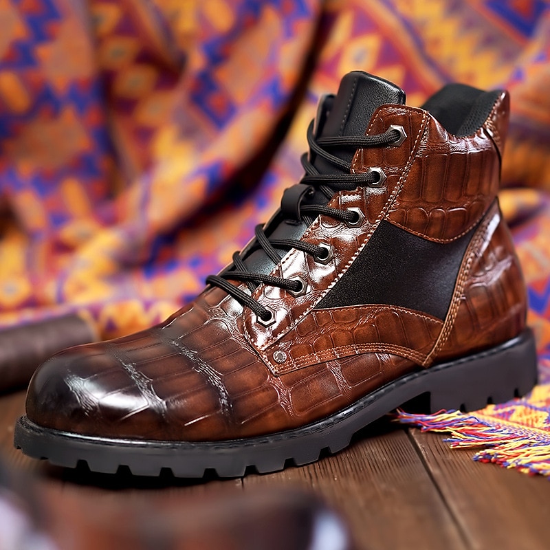 Men's Brown Faux Leather Lace-Up Boots with Crocodile Pattern and Rugged Sole, Stylish and Durable for Outdoor and Casual Wear 2025 - $59.99 –P4