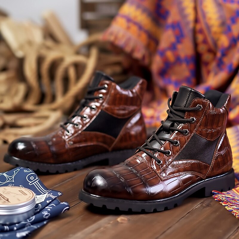 Men's Brown Faux Leather Lace-Up Boots with Crocodile Pattern and Rugged Sole, Stylish and Durable for Outdoor and Casual Wear 2025 - $59.99 –P5
