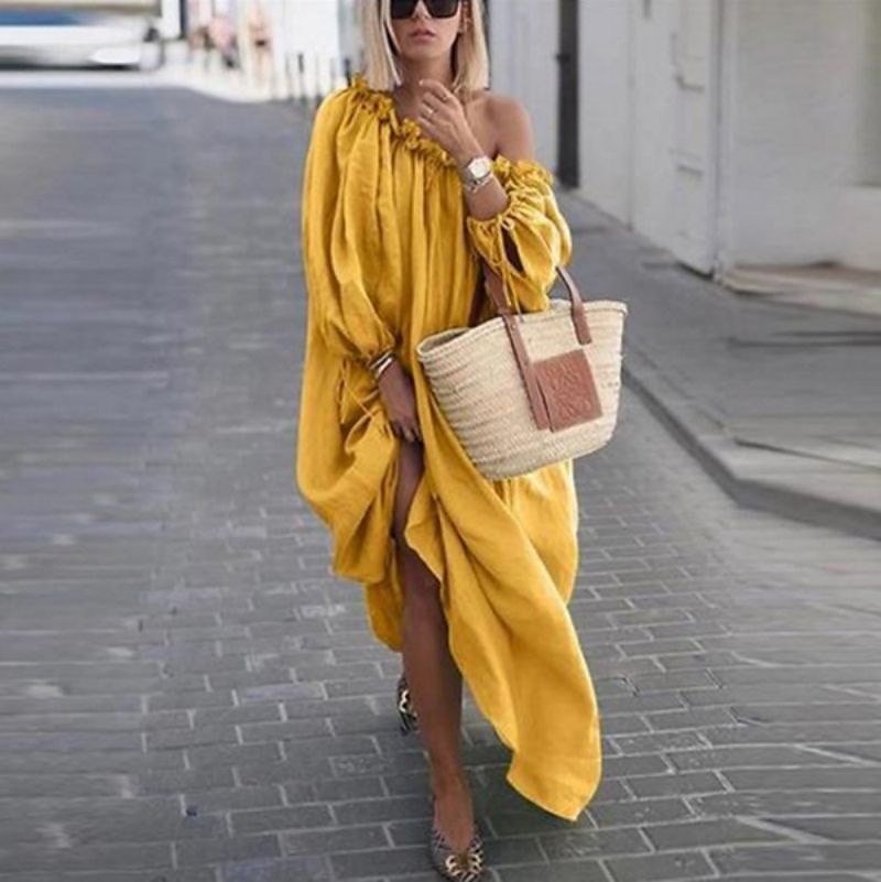 naisten vapaa-ajan mekko keinu mekko boho mekko pitkä mekko maxi mekko aprikoosinvihreä sininen pitkähihainen puhdas väri rypytetty talvi syksy kevät yksi olka muoti talvimekko päivittäinen loma 2025 - $31.99 –P4