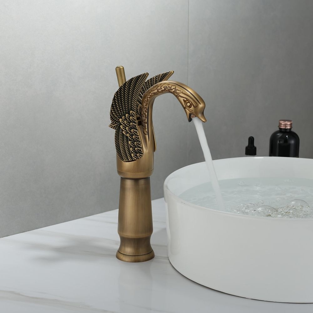 Antique Bathroom Sink Mixer Faucet, Washroom Basin Taps Brass Swan Shape Copper Electroplated Finish Vintage Style Single Handle One Hole Water Taps with Cold Hot Hose 2025 - $97.99 –P9