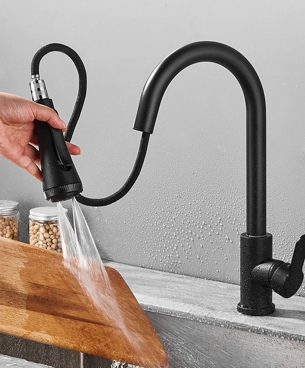 Robinet de cuisine avec pulvérisateur, laiton noir mat 4 fonctions monocommande design à bouton unique extractible / extractible centerset robinets de cuisine contemporains (avec distributeur de de 2025 ? $129.99 –P8