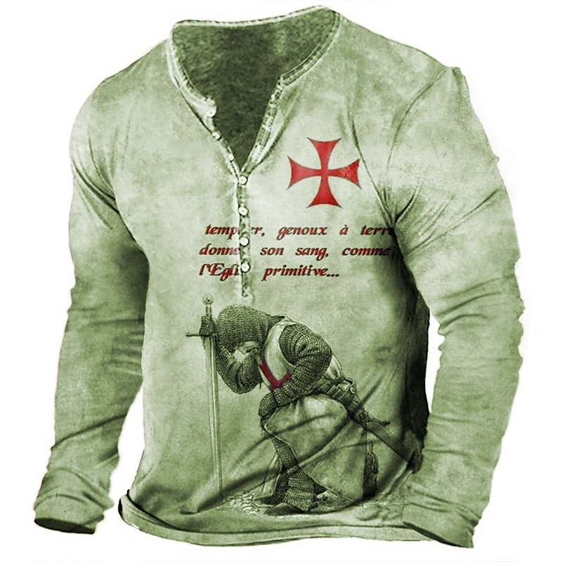 2025年 男性用 Tシャツ ヘンリーシャツ グラフィック テンプルクロス Soldier ヘンリー ライトグリーン ルビーレッド ブルー グリーン カーキ色 3Dプリント プラスサイズ アウトドア 日常 長袖 ボタンダウン プリント 衣類 スタイリッシュ ヴィンテージ ベーシック クラシック コレクション – $23.99 –P5