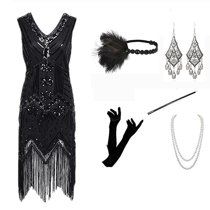 Anni Ruggenti Ispirato al vintage Il grande Gatsby Lunghezza corta Abito Flapper Vestito Abiti Senza maniche Il grande Gatsby Invitato al matrimonio Paillettes Frangia con nappe Paillettes Scollo a V del 2025 a $73.99 –P10