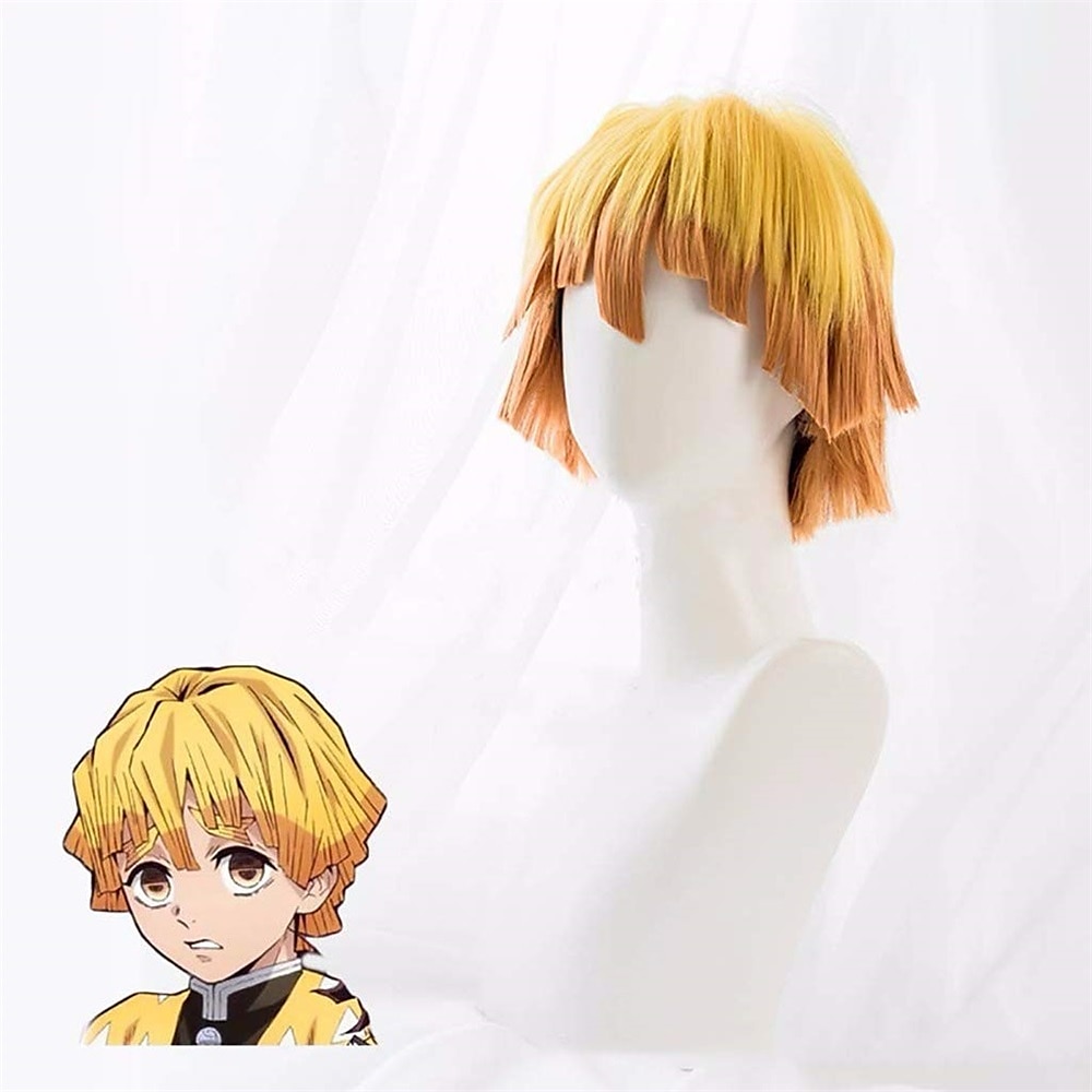 agatsuma zenitsu paruka démon zabiják cosplay paruka žlutá gradient oranžová kudrnaté krátké vlasy pro muže halloween paruky 2025 - $25.99 –P4