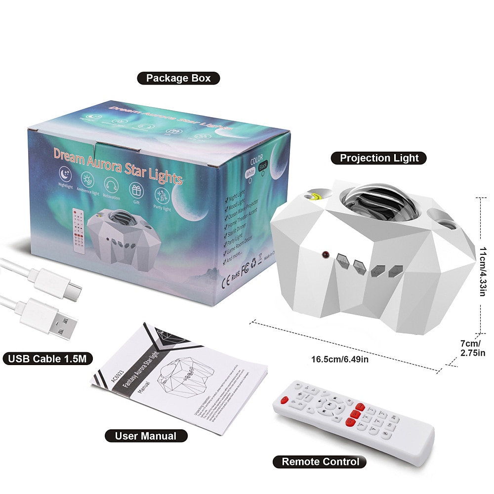 Proiettore di stelle Aurora Galaxy Luce proiezione di stelle con altoparlante musicale Proiettore luce notturna con luna Proiettore aurora boreale per camera da letto/sala giochi/home del 2025 a $79.99 –P13