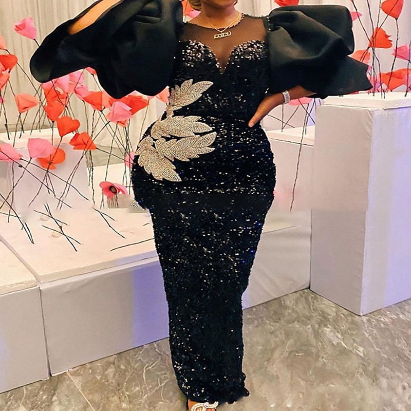 Women's Plus Size Black Sequin Dress Prom Dress Party Dress Sparkly Dress Black Dress Elegant Maxi long Dress Mesh Dress 2024 - $56.99 –P1