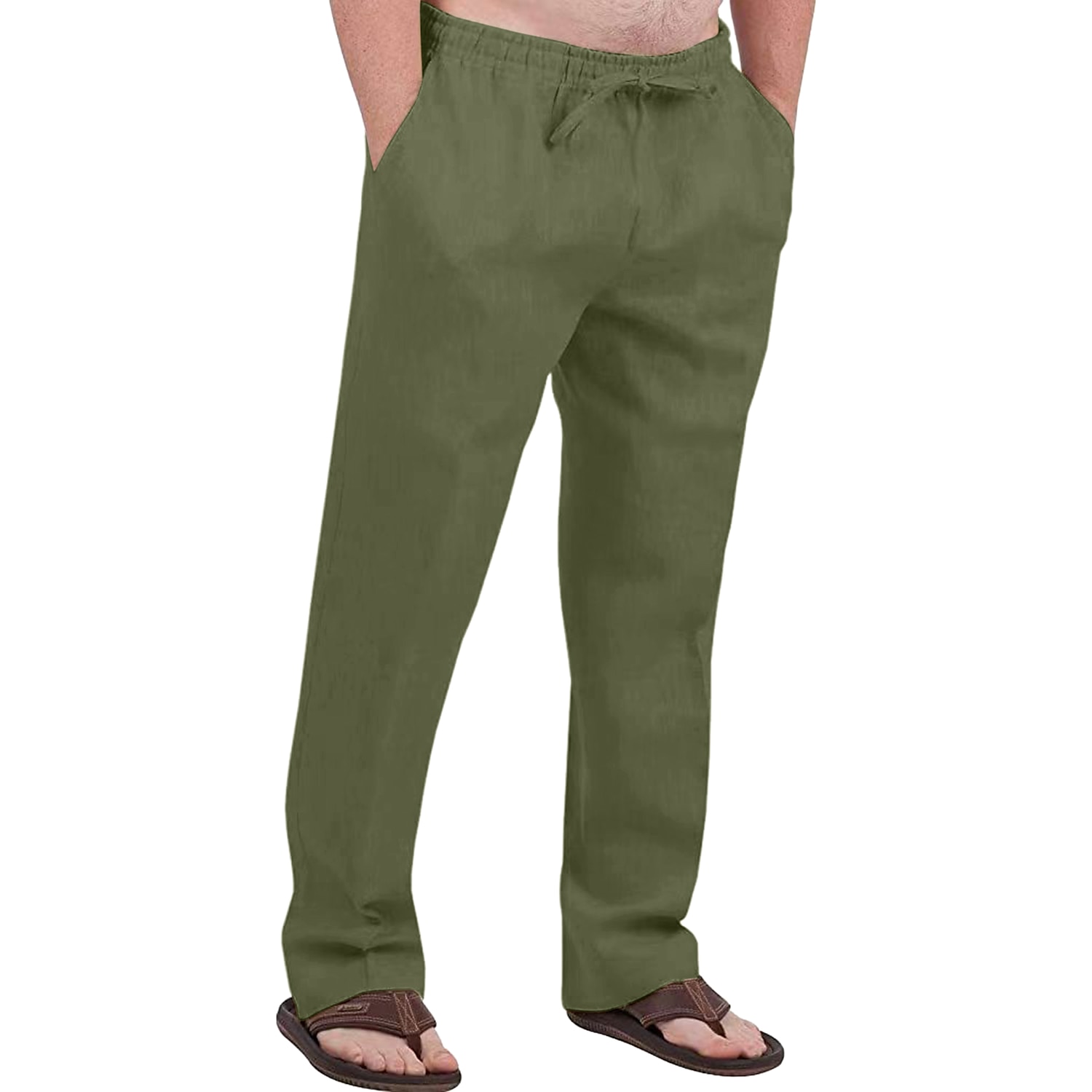 Men's Linen Pants Trousers Summer Pants Drawstring Elastic Waist Front Pocket Plain Comfort Soft Casual Daily Cotton Blend Fashion Classic Gray Green White 2025 - $17.99 –P8