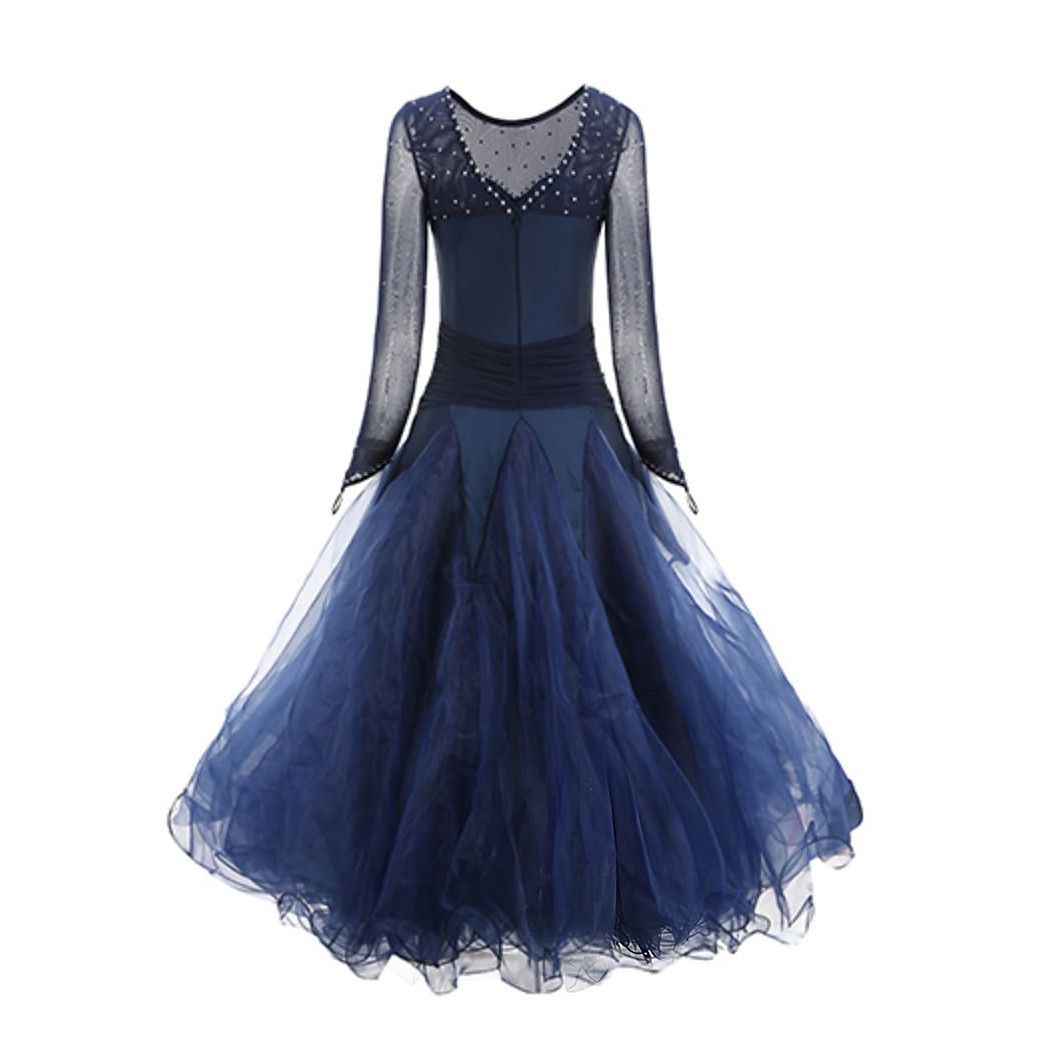 Robe de danse de salon cristaux à joint fendu robe de compétition/strass performance des femmes à manches longues spandex de 2025 ? $192.99 –P2