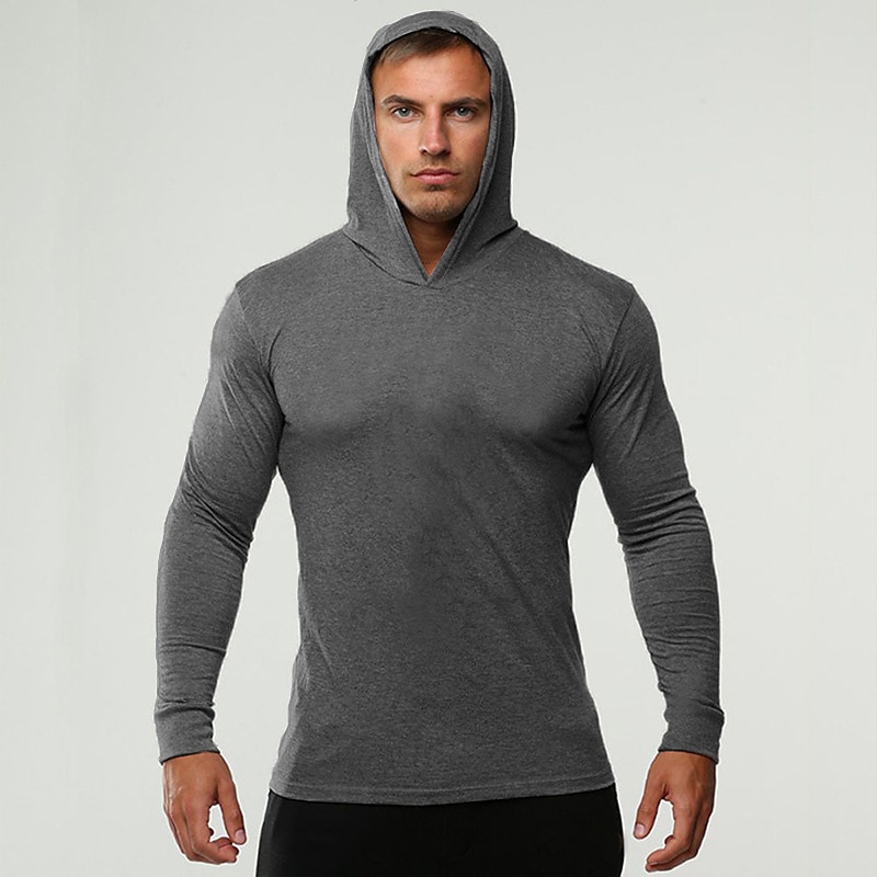 Men's Workout Shirt Running Shirt Long Sleeve Top Spring Hooded Spandex Breathable Quick Dry Soft Gym Workout Running Sportswear Activewear Solid Colored Black White Dark Navy 2025 - $15.99 –P9