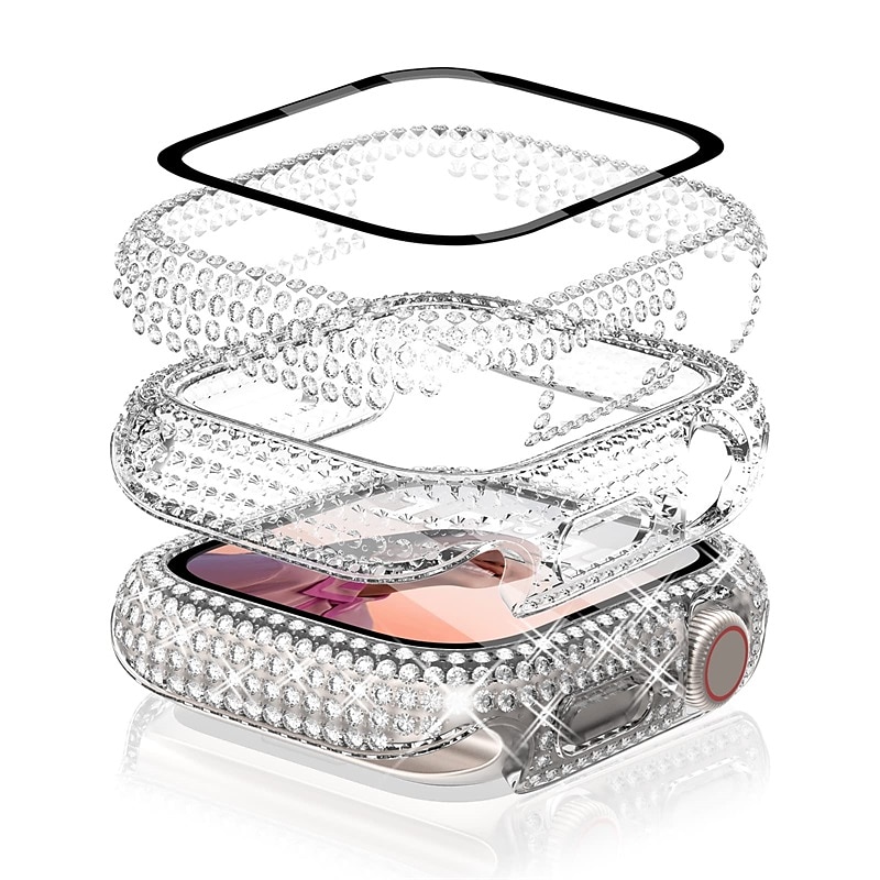 3 Pack Watch Case with Screen Protector Compatible with Apple Watch Series 8 7 41mm 45mm / Series 6 5 4 SE 40mm 44mm / Series 3 2 1 38mm 42mm Scratch Resistant Bling Diamond Rugged Tempered Glass / PC 2025 - $25.99 –P2