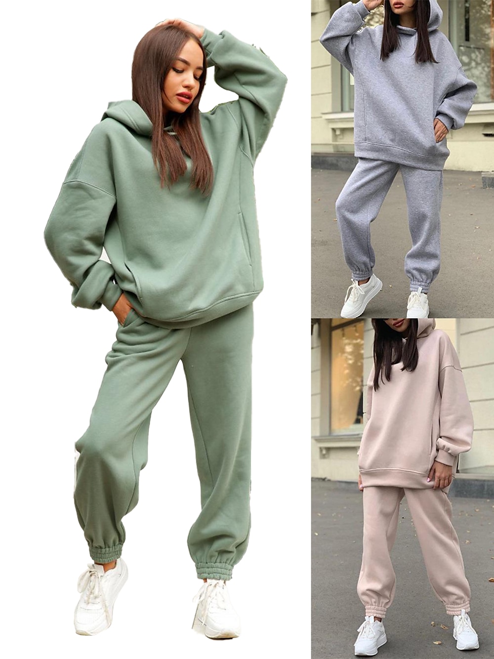 Women's Sweatsuit Activewear Set Yoga Set Winter Pocket Hooded Solid Color  Tracksuit Green White Yoga Gym Workout Running Thermal Warm Sport  Activewear / Athletic / Athleisure 2024 - $20.99