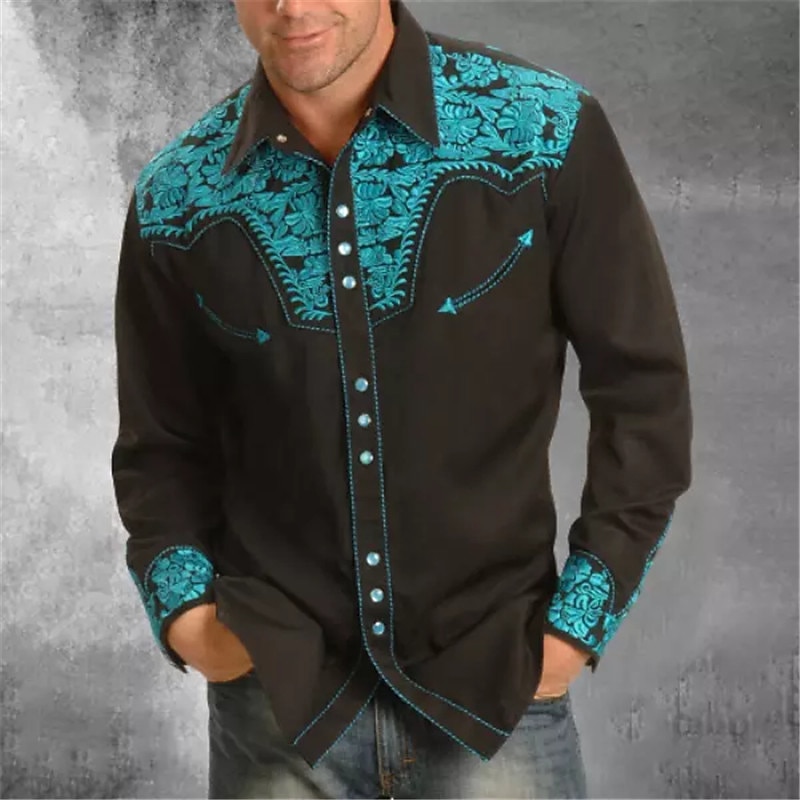 Herre Blomstret Cowboy Skjorte Western skjorte Cowboyskjorte Langermet Mote Designer Fritid utendørs Ferie Vår & Vinter Aftæpning Trykt mønster Knapp ned Svart Hvit Rød Blå 2025 - $26.99 –P1