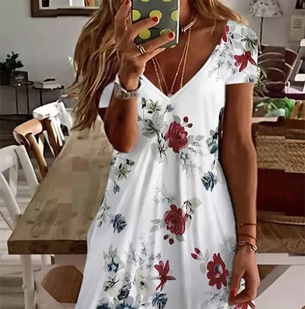 Kvinnors Mini Klänning Petite Klänning T Shirt Klänning Tee Klänning Sommarklänning A-Line Klänning Söt Utomhus Semester Födelsedag Regular Fit Blommig Kort Ärmar V-Hals Svart Vit Rosa Vin Sommar 2025 - $23.99 –P2