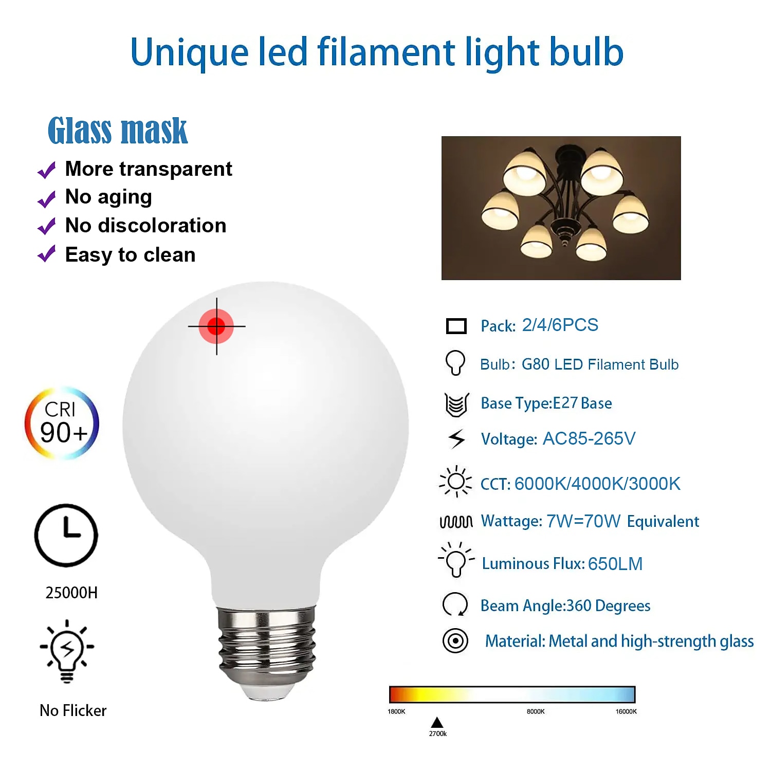 2/4/6PCS G80 7W Globe LED Edison Bulb 650lm E27 Base Opalescent Glass Facing Very Suitable for Dresser Vanity Mirror Floor Lamp AC85-265V 2025 - $25.99 –P2