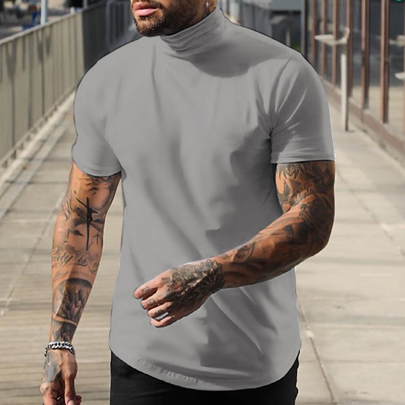 Men's T Shirt Mock Turtleneck Short Sleeve Turtleneck Summer Plain Fashion Casual Comfortable Street Holiday Beach Wine Black White Top Tee for Men 2025 - $17.99 –P4