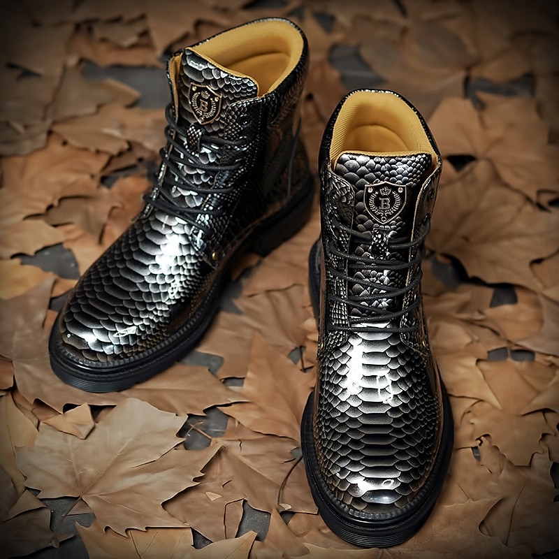 Botines de charol con estampado de pitón azul para hombre con diseño de cordones: botas llamativas y de alto brillo para looks casuales y de noche a la moda 2025 - $64.99 –P7