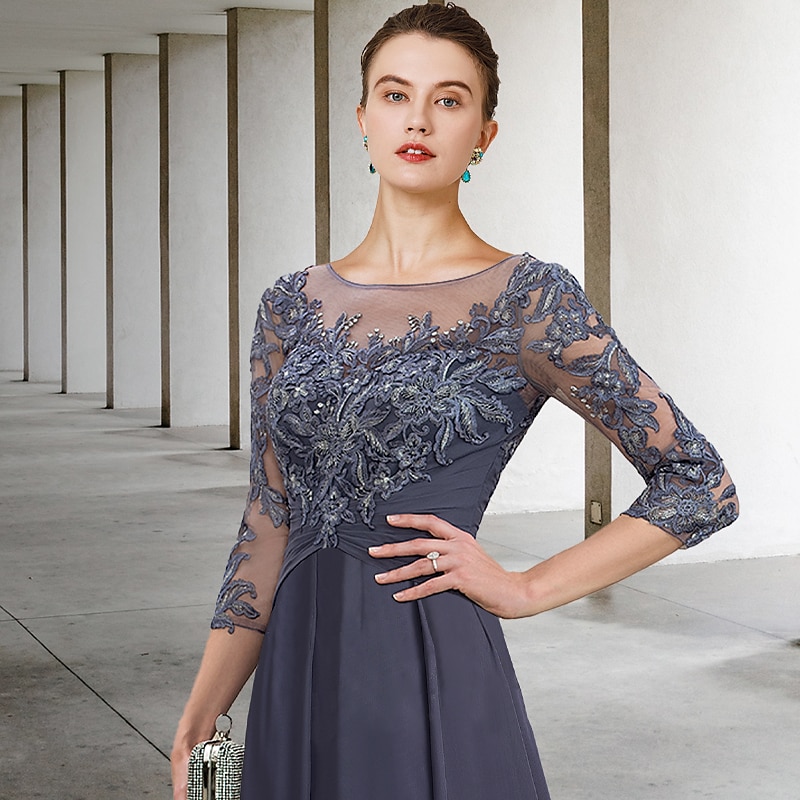A-linjeformad klänning för brudens mor bröllopsgäst elegant plus size juvelhals ankellängd chiffong spets 3/4 längd ärm med ruched paljetter applikationer gratis anpassad storlek 2025 - $179.99 –P3