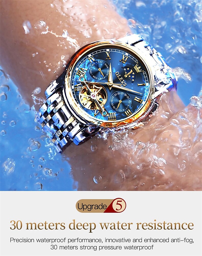 OLEVS мужские механические часы календарь роскошные водонепроницаемые модные автоматические самозаводные часы с фазами луны светящиеся из нержавеющей стали 2026 - $94.99 –P13