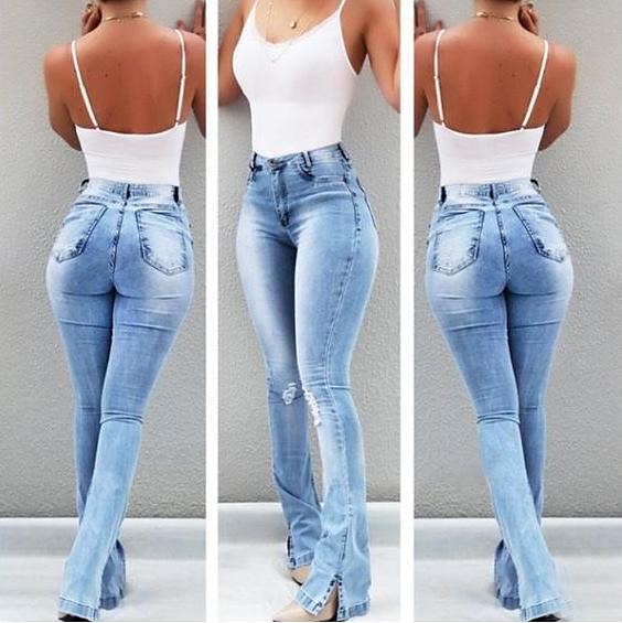 Women‘s Flare Jeans Pants Trousers Full Length Denim Split High Elasticity High Waist Fashion Casual Office Vacation Light Blue bule S M Autumn / Fall 2023 - US $29.99 –P1