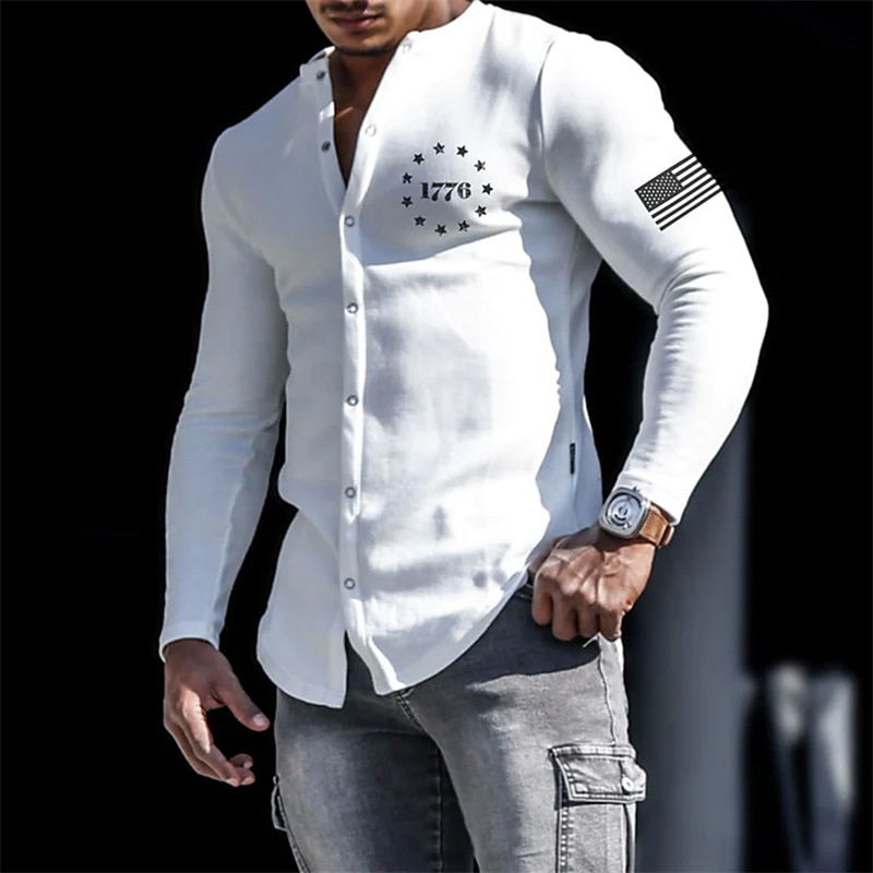 Trendy Letter Print Men's Casual Button Up Long Sleeve Shirt