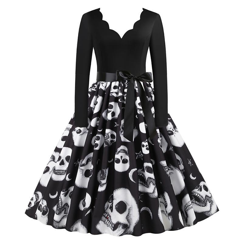 fitted lace wedding dress A-Line/Princess Skull Rose V-Neck Sleeveless Knee-Length Strap Halloween Performance Costumes Dress MON6041082W, L / Black
