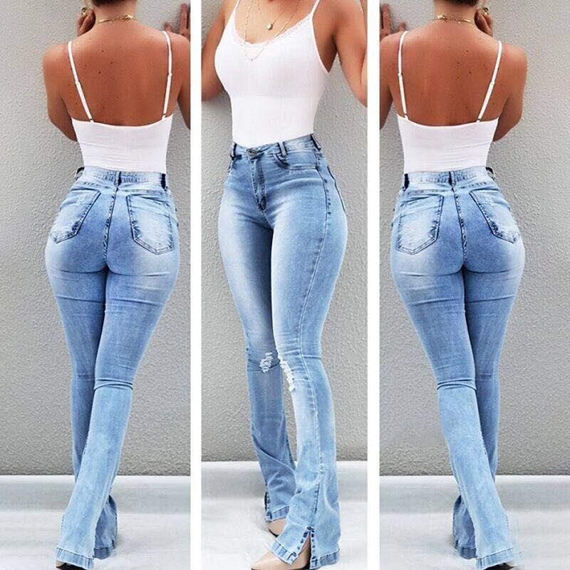 Women‘s Flare Jeans Pants Trousers Full Length Denim Split High Elasticity High Waist Fashion Casual Office Vacation Light Blue bule S M Autumn / Fall 2023 - US $29.99 –P5