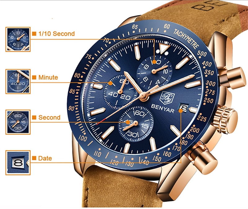 BENYAR Mens Quartz Watches  Chronograph Analog Quartz Movement Stylish Sports Designer Wrist Watch 30M Waterproof Elegant Gift Watch for Men 2025 - $51.99 –P8