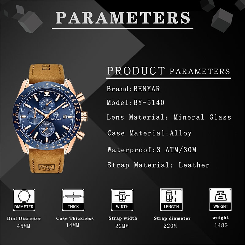 BENYAR Mens Quartz Watches  Chronograph Analog Quartz Movement Stylish Sports Designer Wrist Watch 30M Waterproof Elegant Gift Watch for Men 2025 - $51.99 –P12