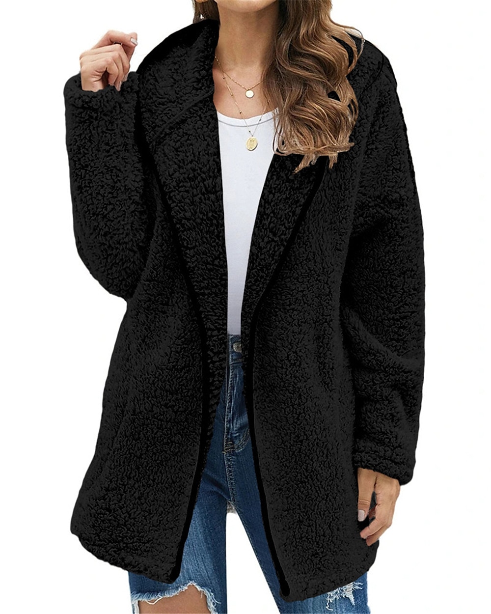 felpa con cappuccio con cerniera da donna, giacca in pile, cardigan vintage in peluche, soffice, tinta unita, casual da strada, per le vacanze, con cappuccio, tasca con cerniera, manica lunga, nero, del 2025 a $31.99 –P8