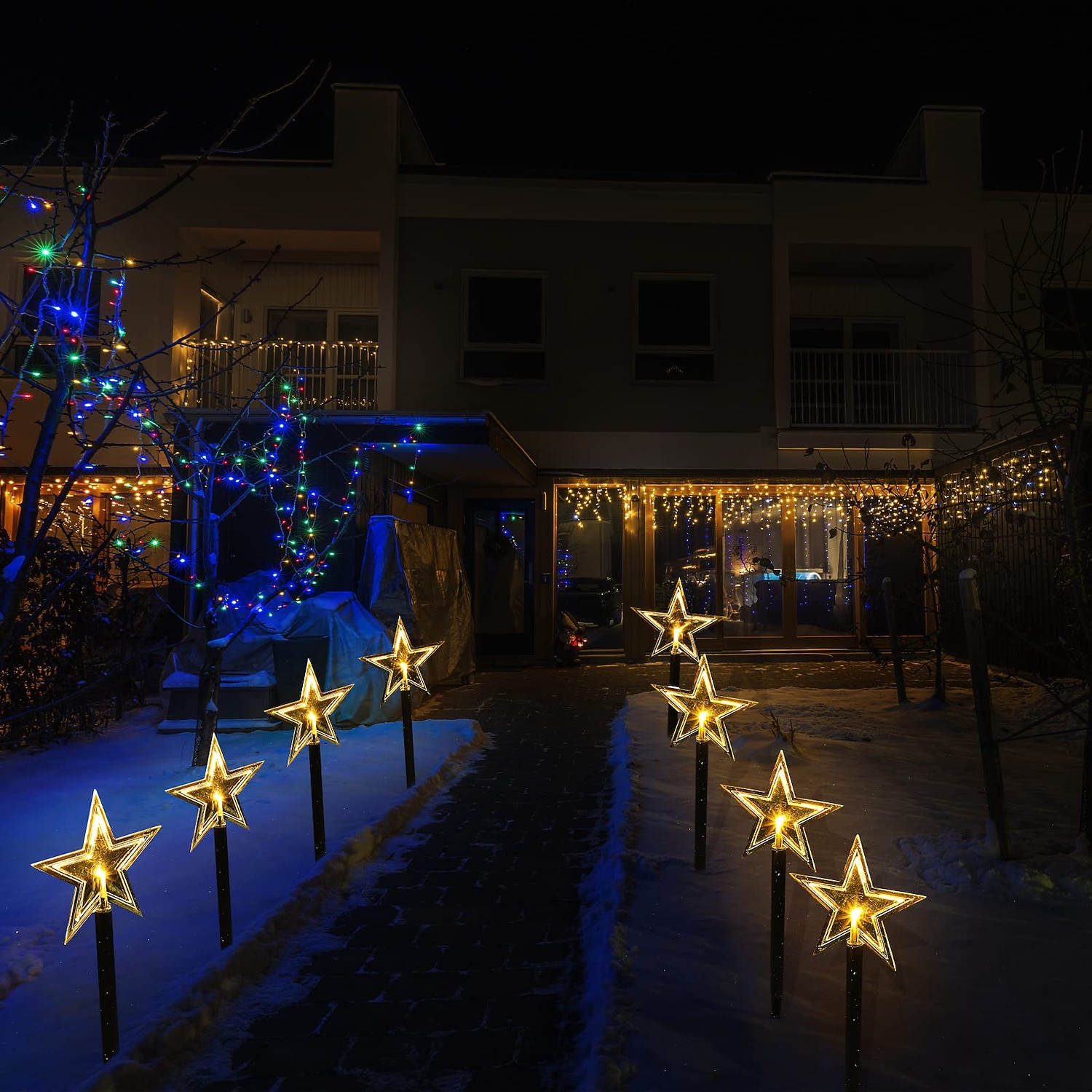 Luces de camino de copos de nieve de Navidad decoraciones exteriores luces paisajísticas solares a prueba de agua LED lámpara en forma de copo de nieve de Navidad para decoración de hogar fiesta 2025 - $21.99 –P16