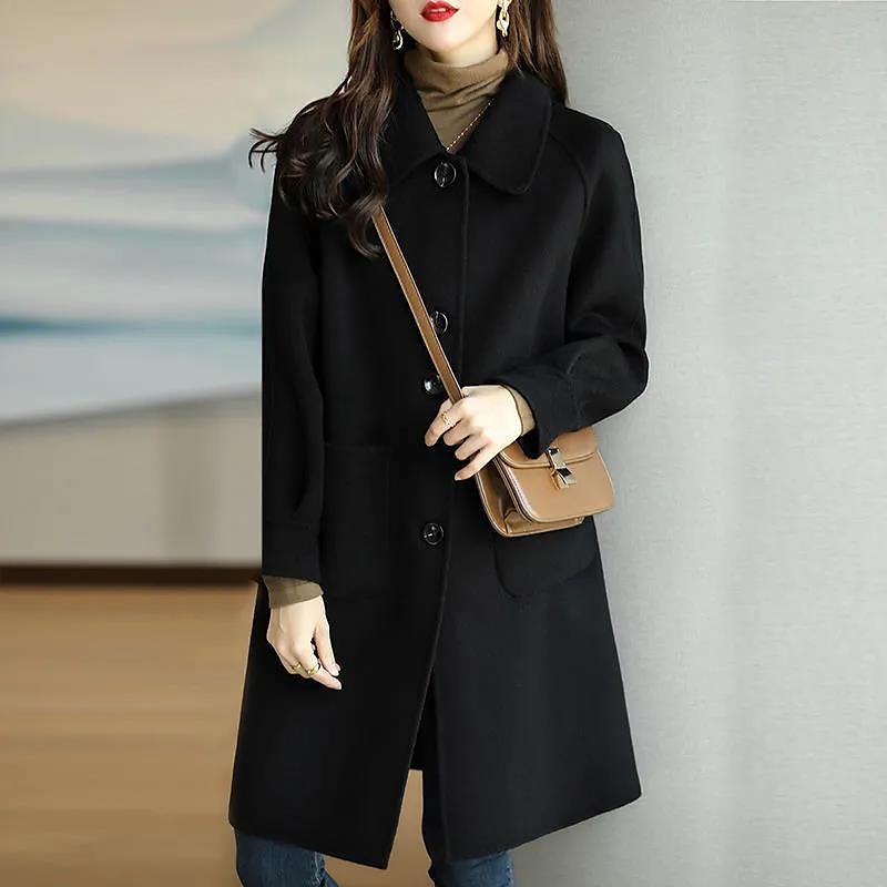 Women's Winter Coat Long Overcoat Single Breasted Lapel Pea Coat Thermal Warm Windproof Trench Coat with Pockets Elegant Outerwear Fall Outerwear Long Sleeve Gray Black 2023 - US $31.99 –P5