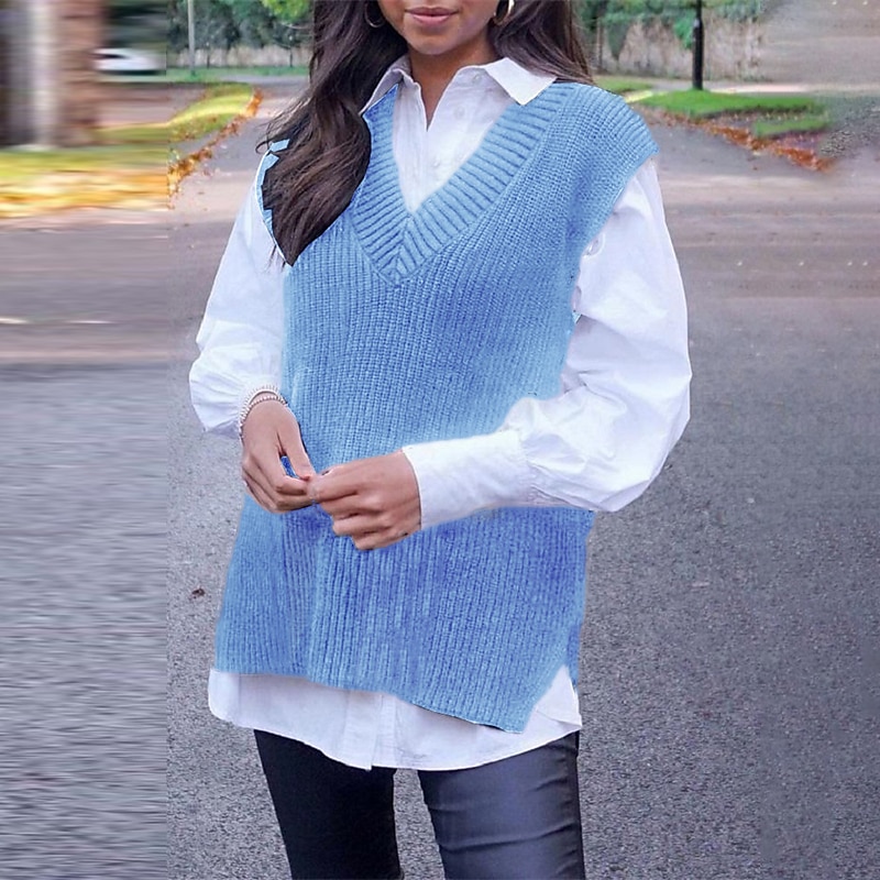 Women's Sweater Vest V Neck Crochet Knit Acrylic Knitted Fall Winter Outdoor Daily Going out Stylish Casual Soft Sleeveless Pure Color Maillard Black White Blue S M L 2023 - US $24.99 –P5