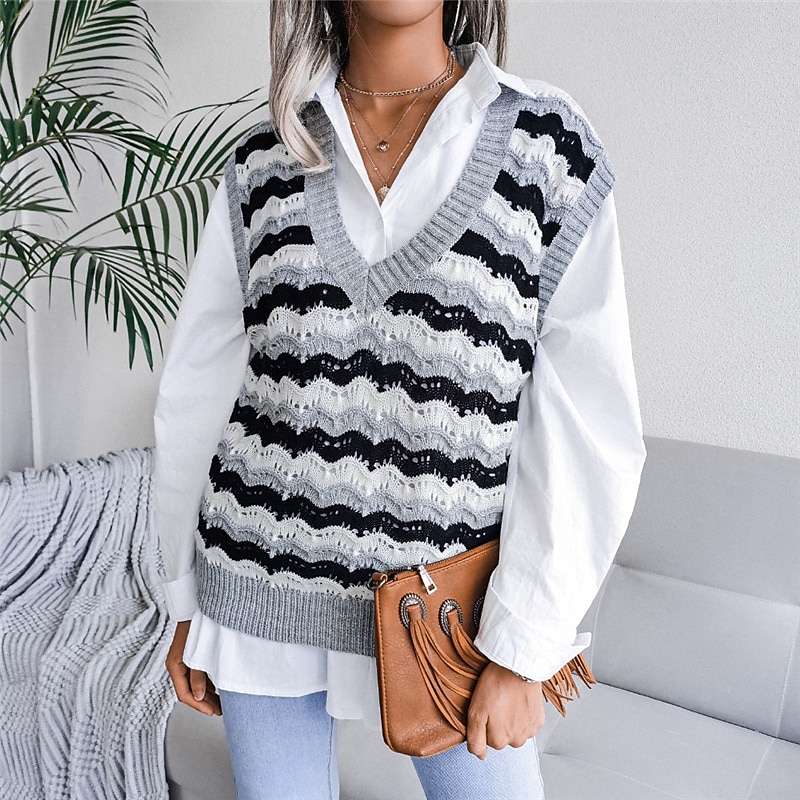 Women's Sweater Vest V Neck Cable Knit Acrylic Knitted Fall Winter Outdoor Daily Holiday Stylish Casual Soft Sleeveless Striped Blue Khaki Gray S M L 2023 - US $21.99 –P2