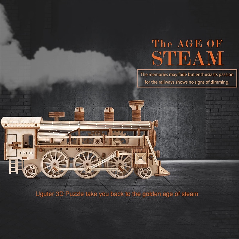 3D Wooden Puzzles Train Locomotive DIY Gear Drive Mechanical Model ...