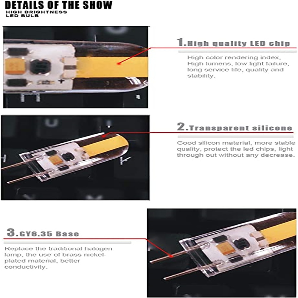 4pcs LED Bi-pin Lights GY6.35 Silica Gel Spotlight 5W 500 lm Light Bulb  COB Energy Saving and Environmental Protection Crystal Chandelier Light Source Warm White White  AC/DC12 V 2026 - $17.49 –P6