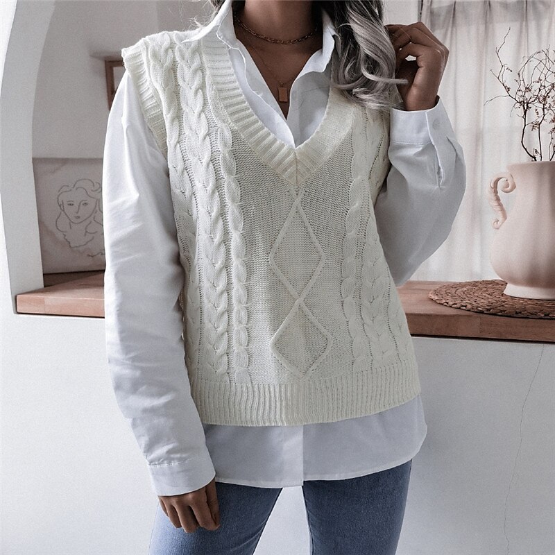 Women's Sweater Vest V Neck Cable Knit Acrylic Knitted Fall Winter Outdoor Daily Holiday Stylish Casual Soft Sleeveless Pure Color White Beige Coffee S M L 2023 - US $22.99 –P7