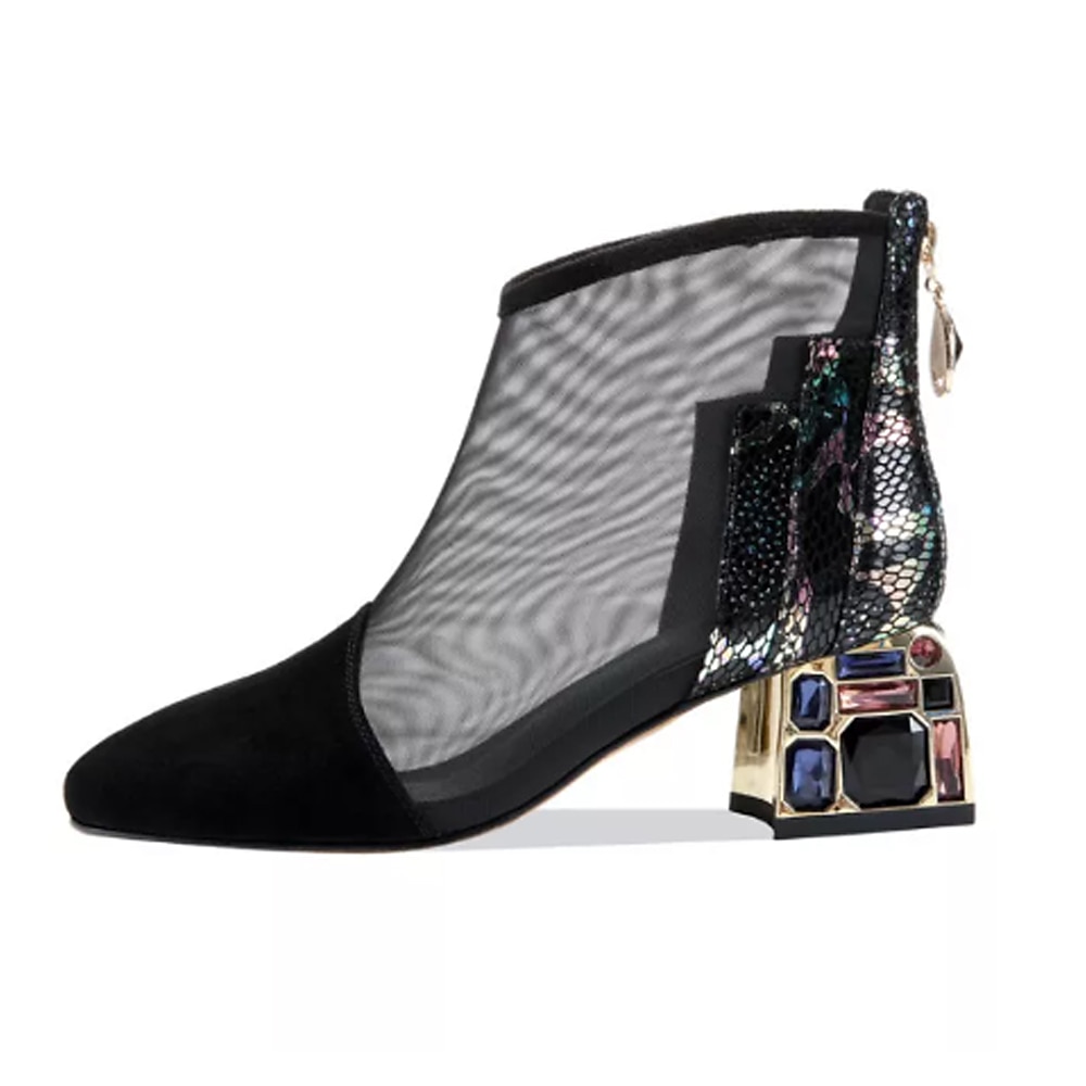 Botines de malla para mujer con tacón de bloque adornado con diamantes de imitación: botines elegantes y transpirables para fiestas nocturnas y ocasiones especiales 2025 - $34.99 –P2