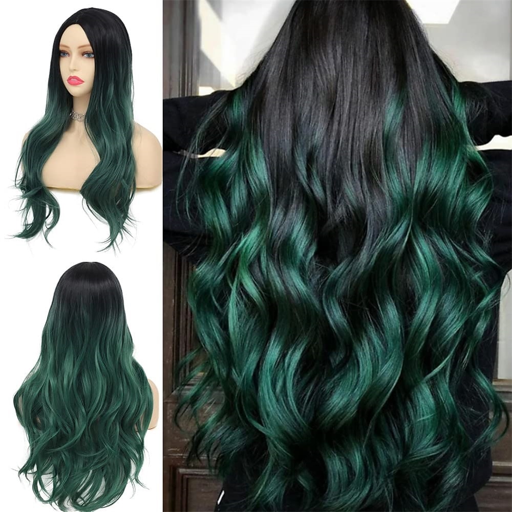 Ombre Green Long Wavy Curly Wigs for Women Dark Green Synthetic Hair Wigs  Dark Roots Hair Women Full Wig Cosplay Christmas Party Wigs Daily Use  9367878 2023 – $