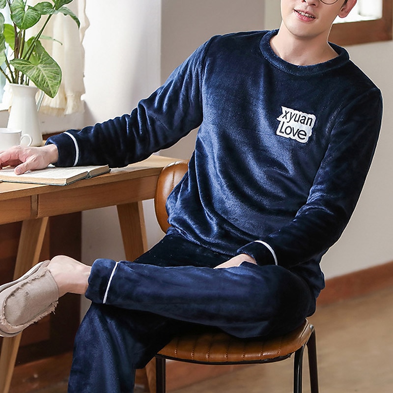Per uomo Pigiami loungewear Completi Colore puro Essenziale Di tendenza Comoda Interni Pile corallo velluto corallo Caldo Girocollo Manica lunga Pantalone Vita elastica Inverno Autunno Blu Grigio del 2025 a $28.99 –P3