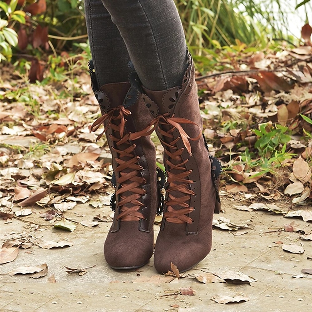 stivali da donna stivali con tacco taglie forti festa quotidiana stivali a metà polpaccio tinta unita invernali allacciati tacco grosso punta a punta punta rotonda vintage da passeggio allacciatura nero rosso marrone del 2025 a $64.99 –P11