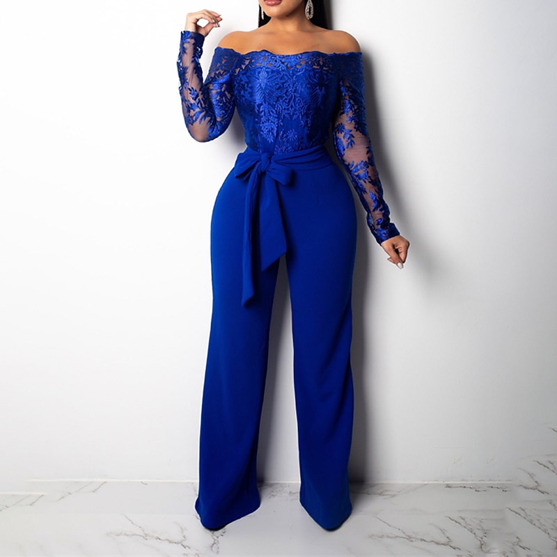 Damen Jumpsuit mit Spitze, bestickt, Blumenmuster, schulterfrei, elegant, Weihnachten, Hochzeit, Party, normale Passform, langärmlig, schwarz, weinrot, blau, S, M, L, Herbst 2025 - $36.99 –P2