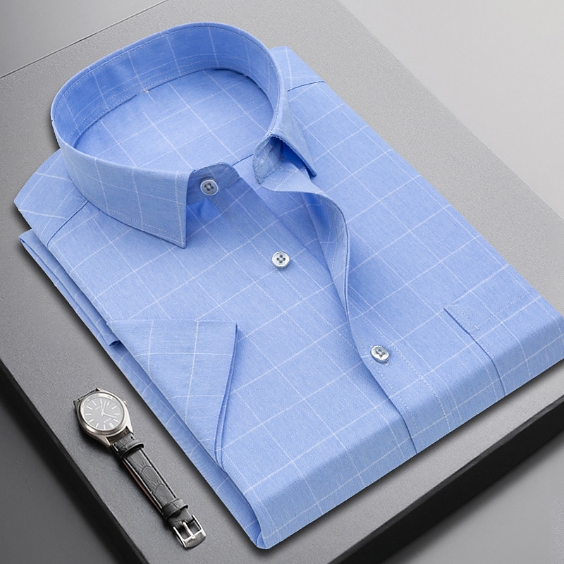 Per uomo Camicie Camicia non stirabile A quadri / A righe / Chevron Matrimonio Blu Grigio Azzurro Manica corta Collo ripiegabile Estate Primavera Abbigliamento del 2026 a $29.99 –P1