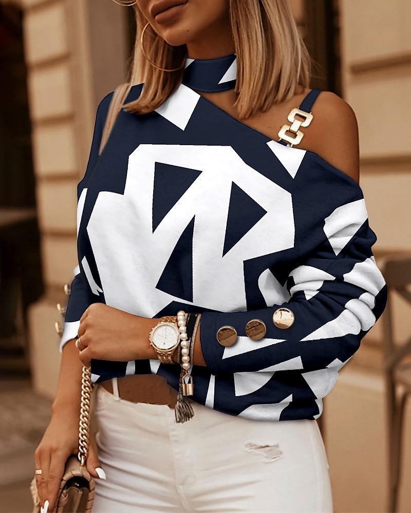 Damen Hemd Bluse Streetwear Geometrisch Cut Out Print Cold Shoulder Langarm Normale Oberteile Rollkragen Stehkragen Party Casual Ausgehen Schwarz Marineblau Braun Khaki Frühling Herbst 2025 - $23.99 –P1